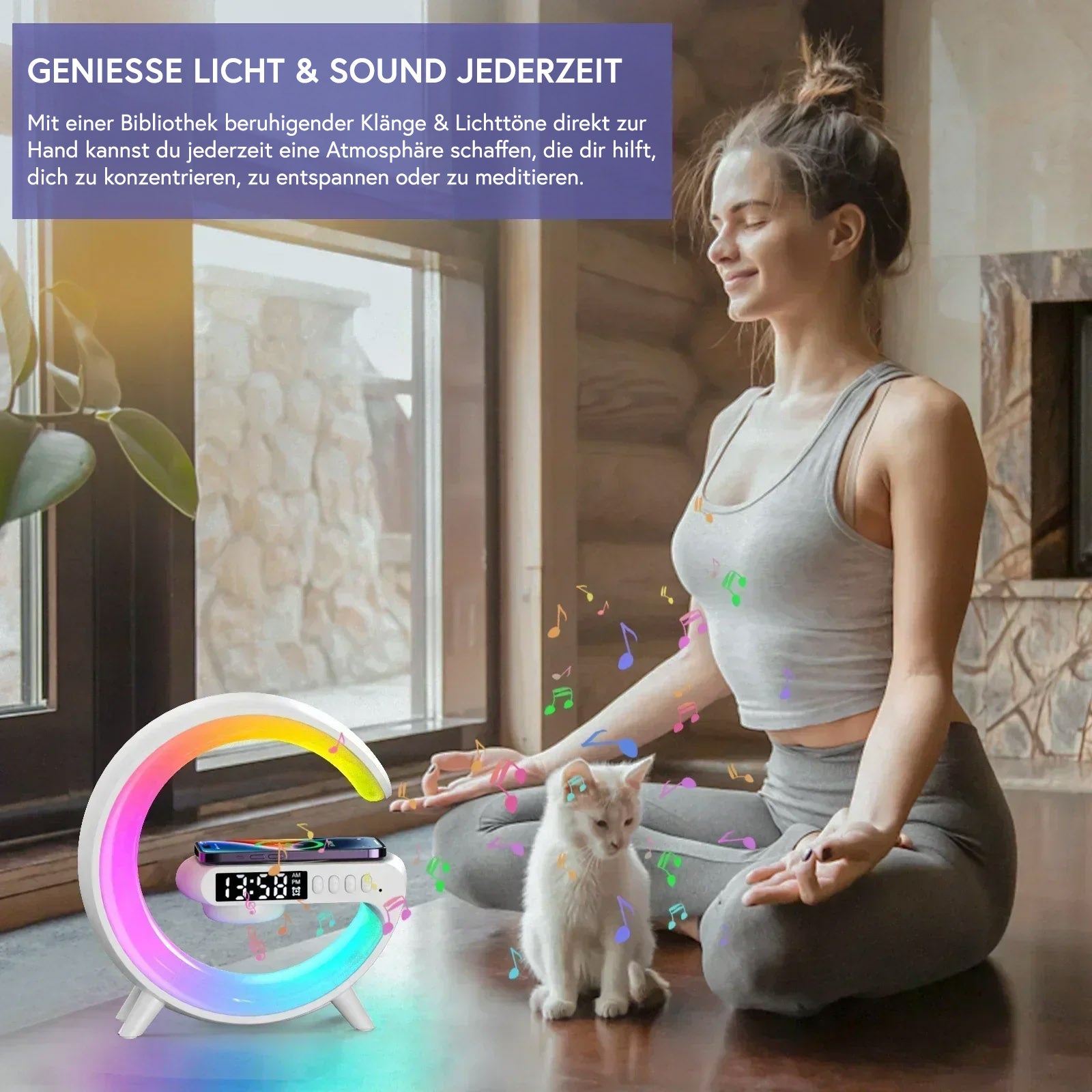 Kabelloses Ladegerät mit Lautsprecher und LED‑Wecker