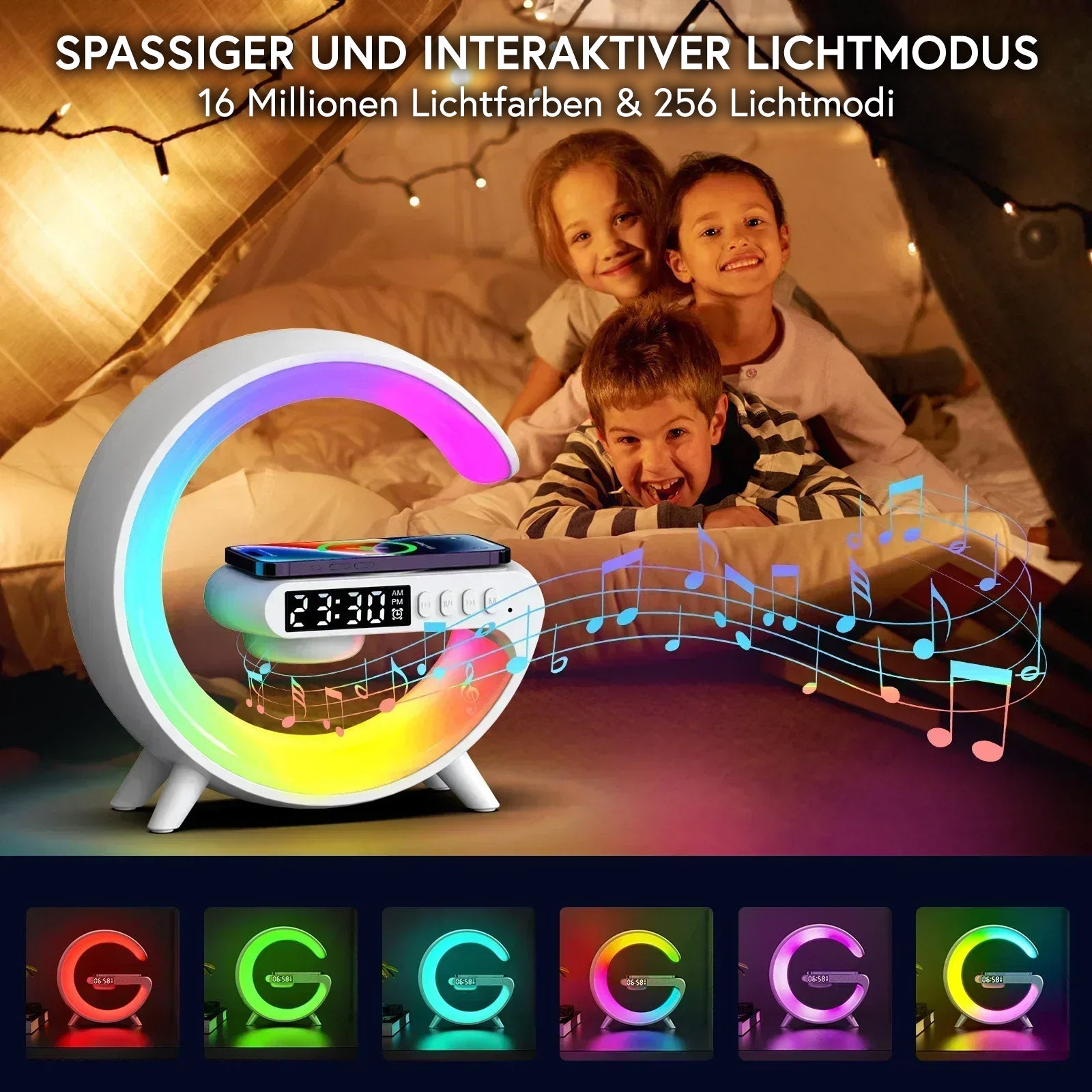 Kabelloses Ladegerät mit Lautsprecher und LED‑Wecker