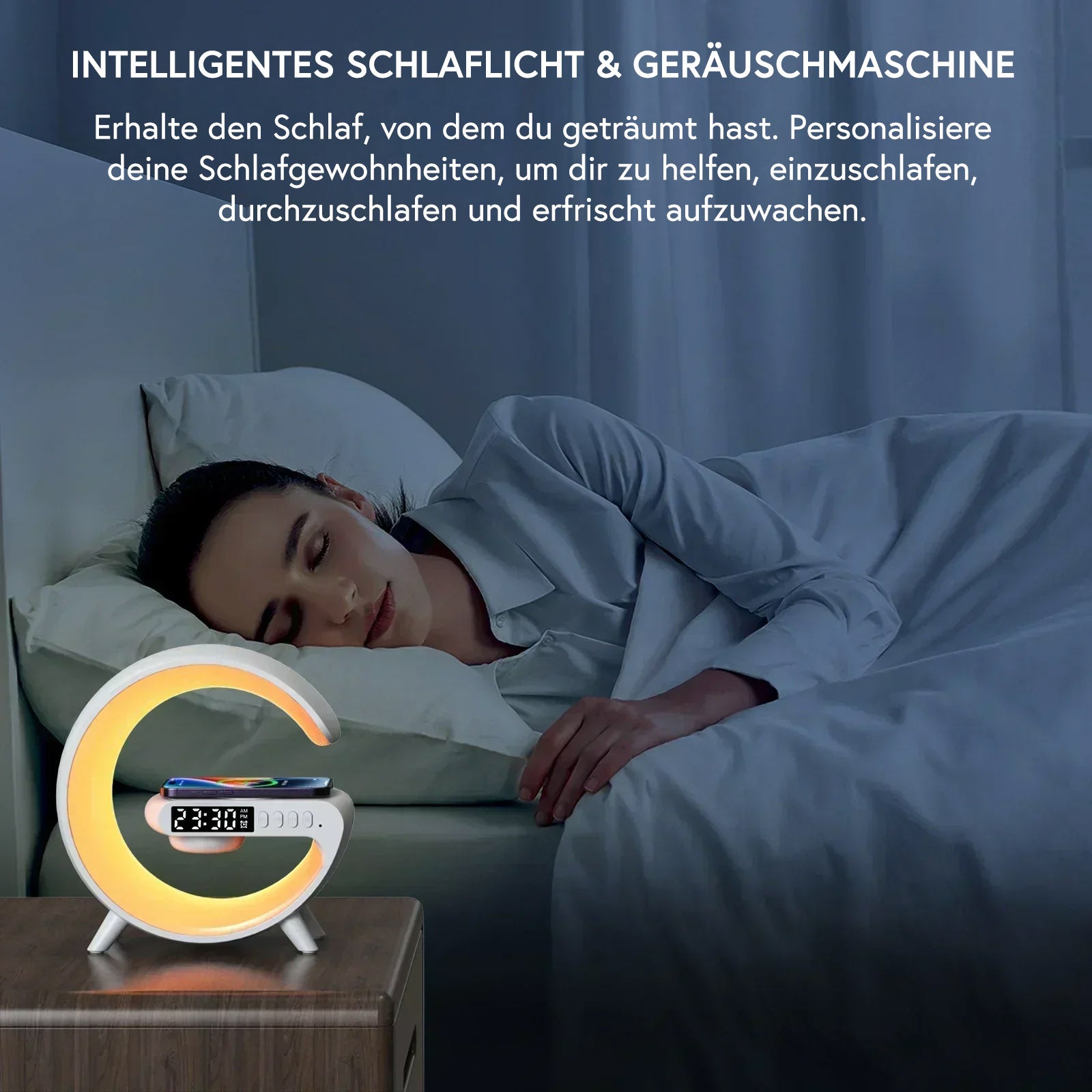 Kabelloses Ladegerät mit Lautsprecher und LED‑Wecker